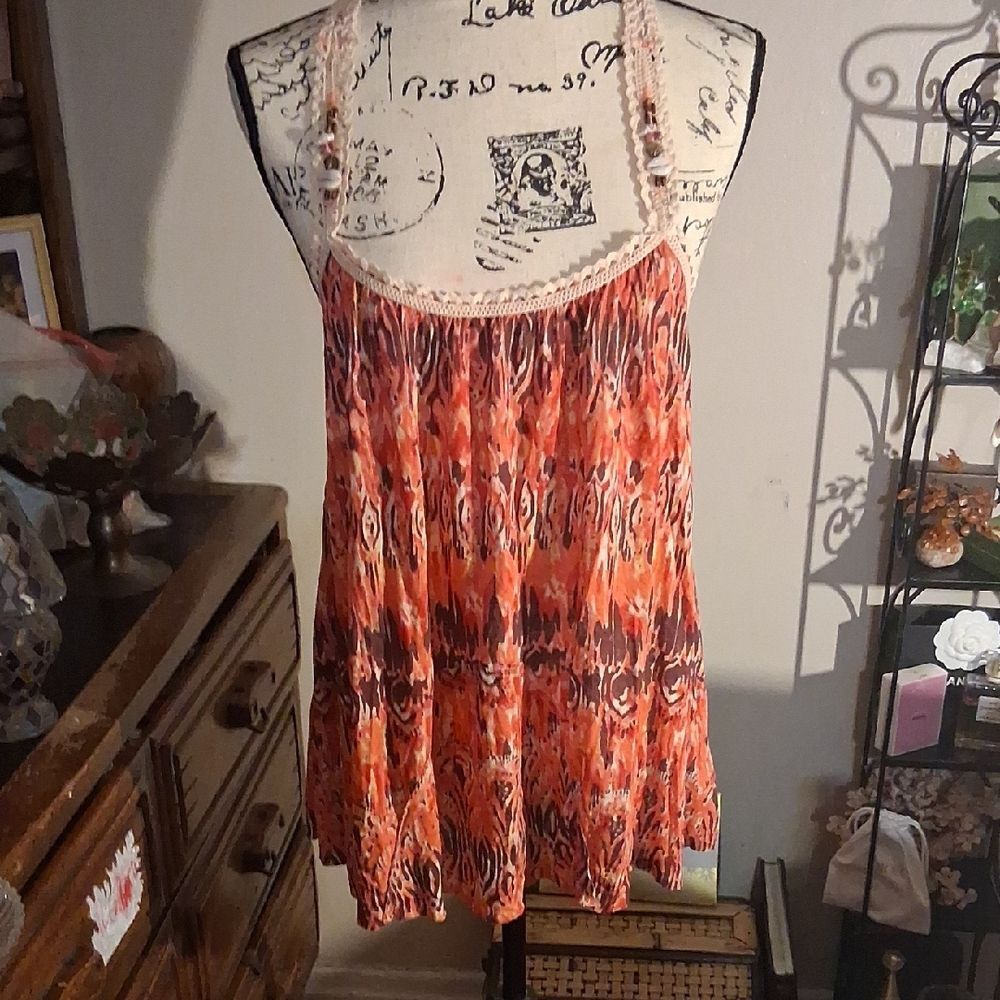 NEW W/TAGS! FREE PEOPLE ORANGE BOHO  PATTERNED SUNRISE CO SEASHELL TOP MEDIUM